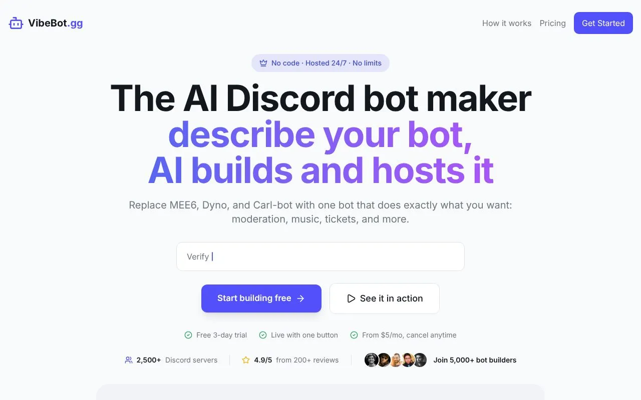 VibeBot homepage screenshot