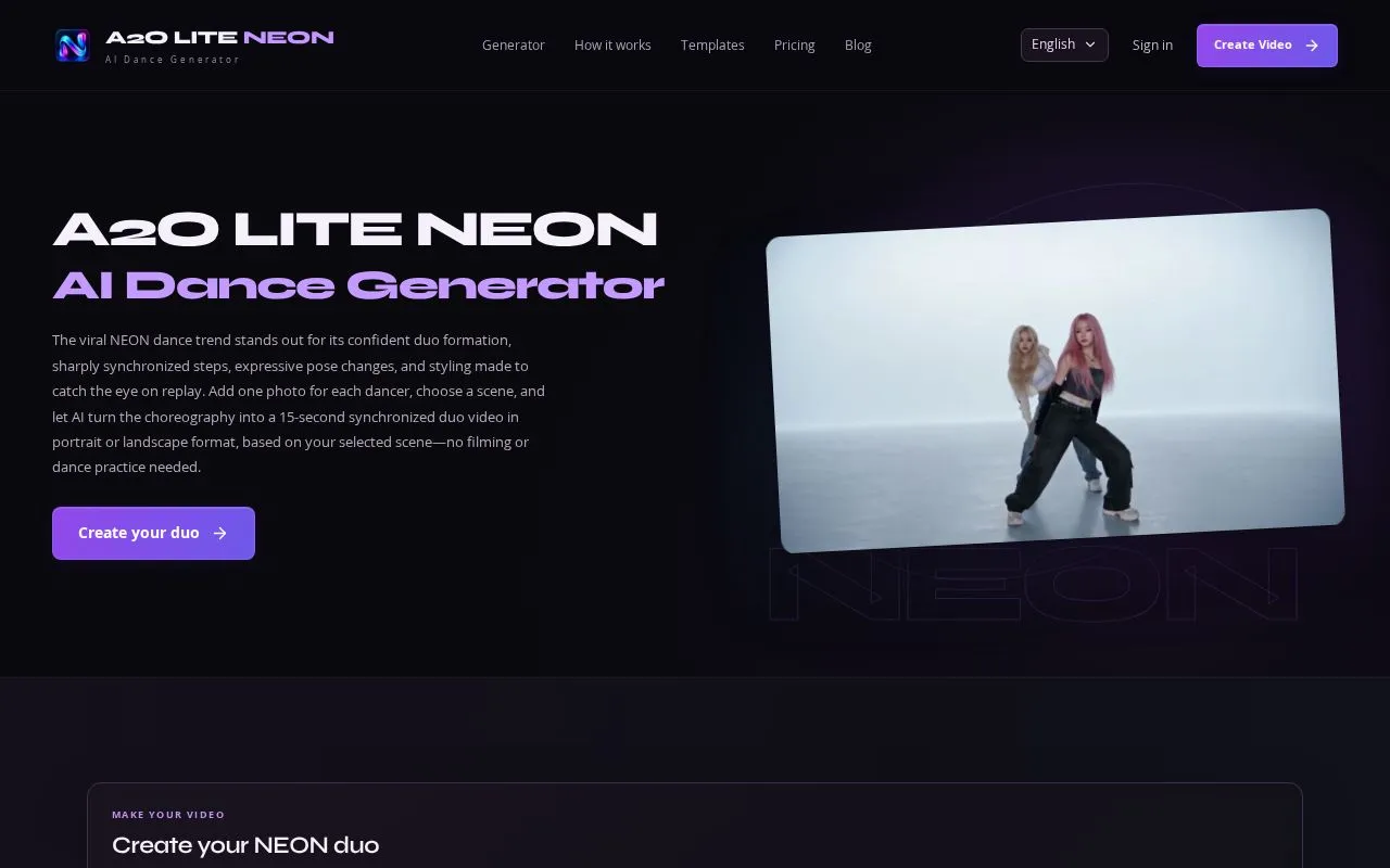 A2O LITE NEON AI Dance Generator homepage screenshot