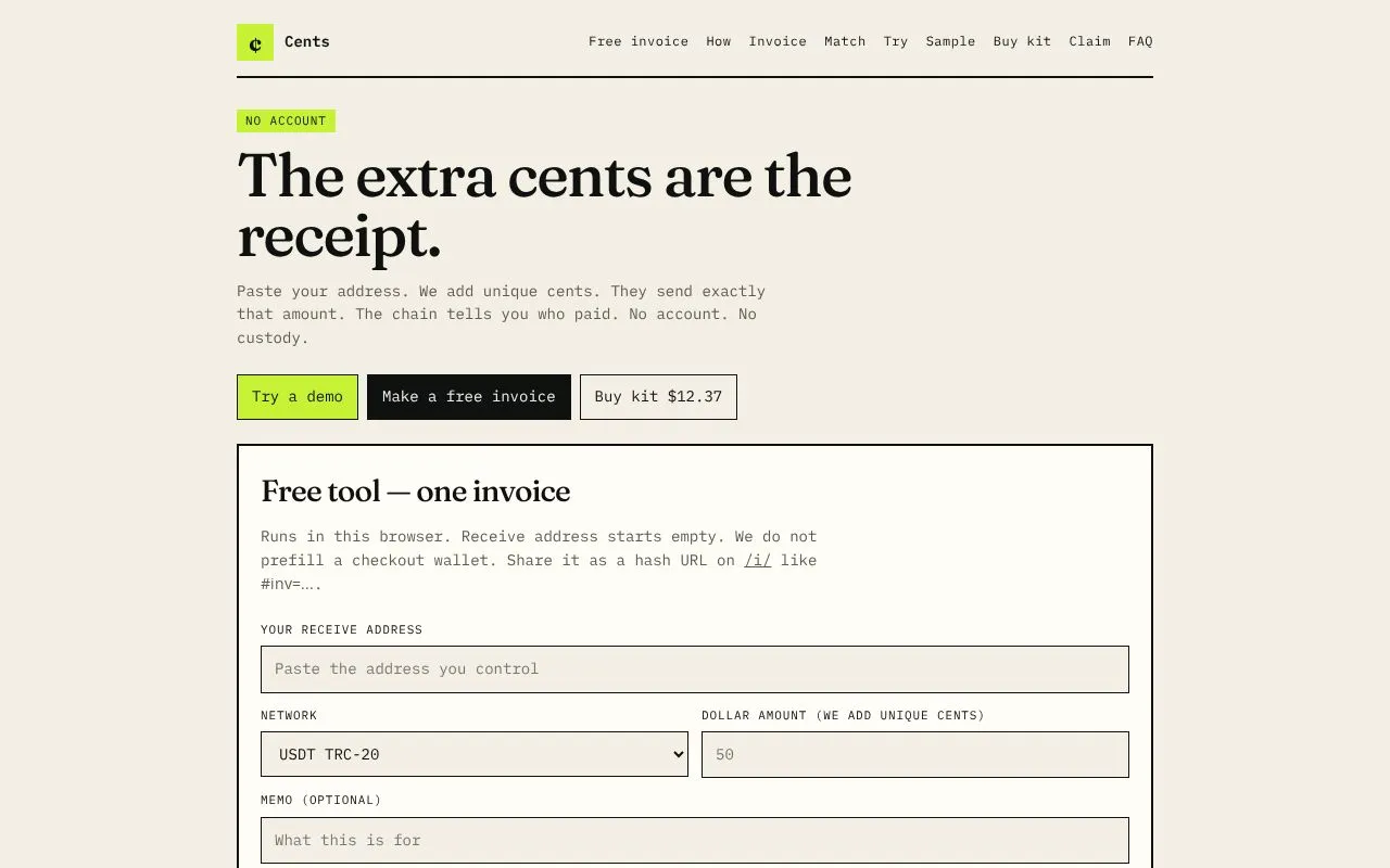 Cents homepage screenshot