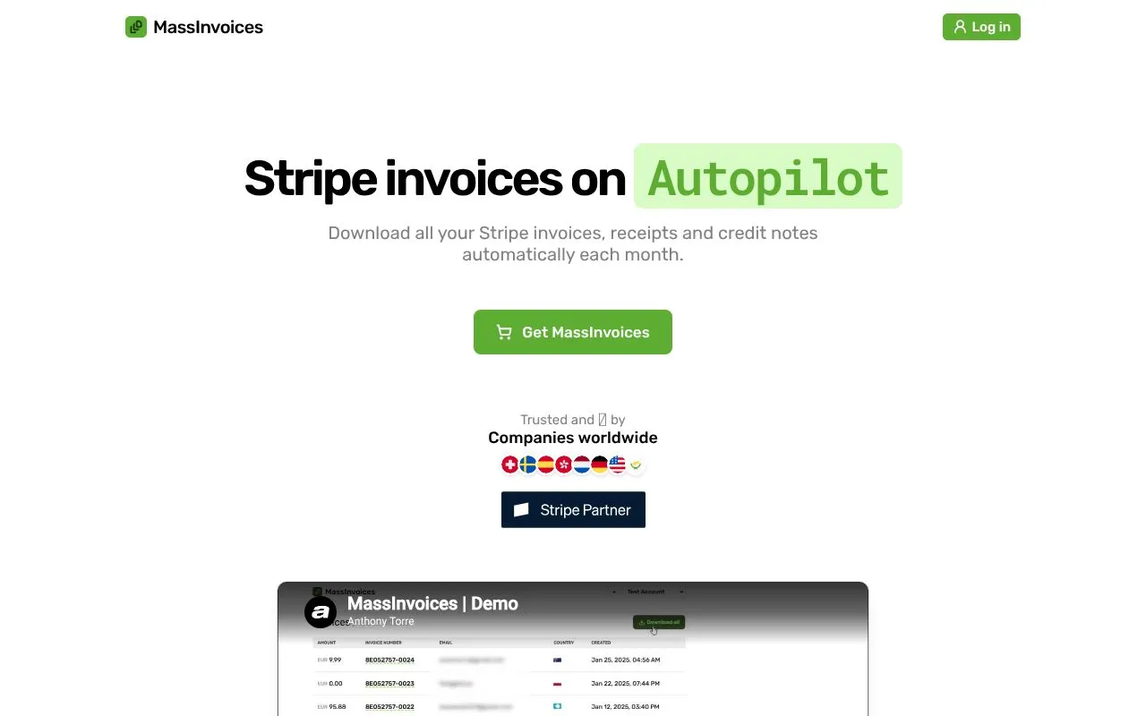 MassInvoices homepage screenshot