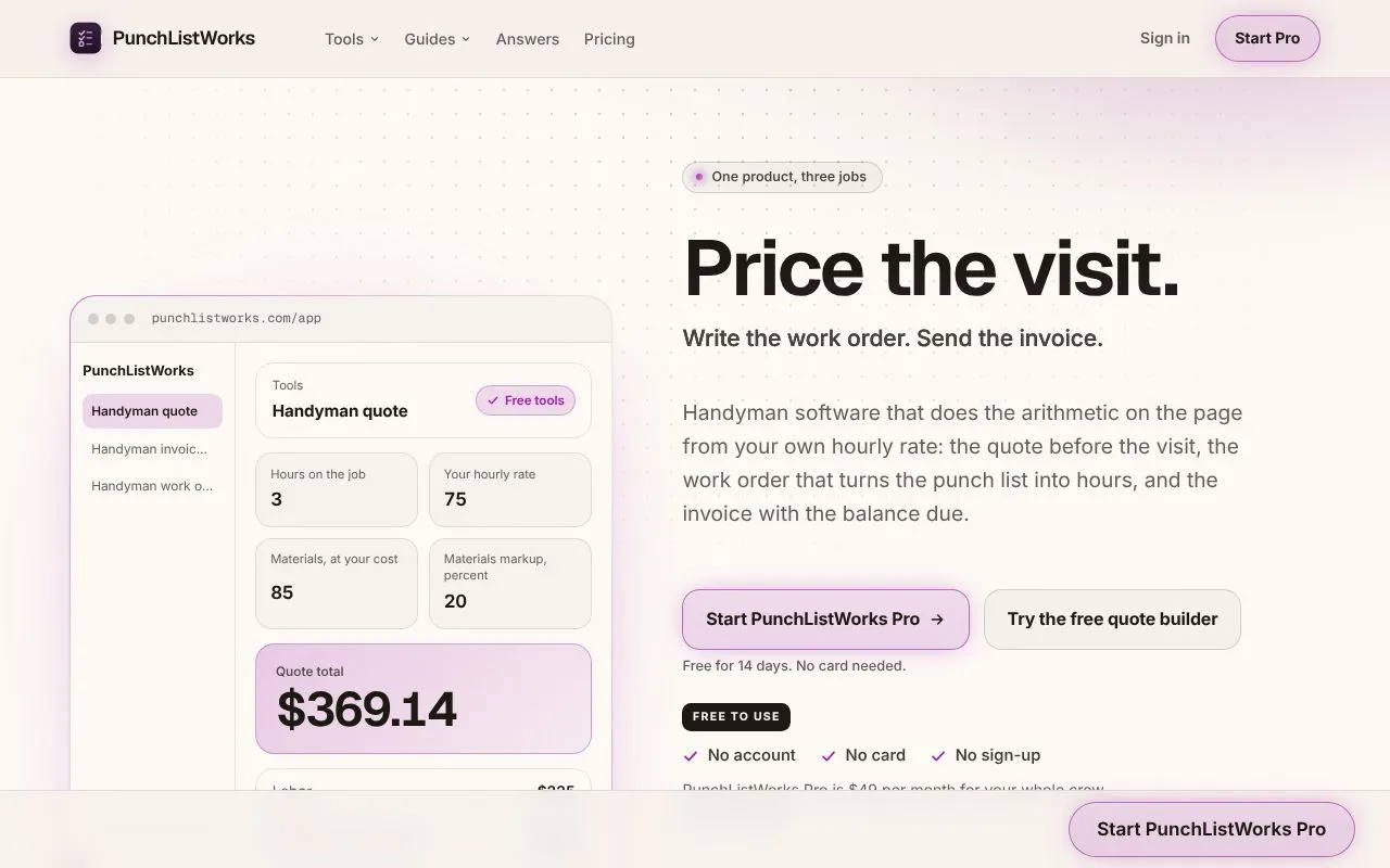 PunchListWorks homepage screenshot