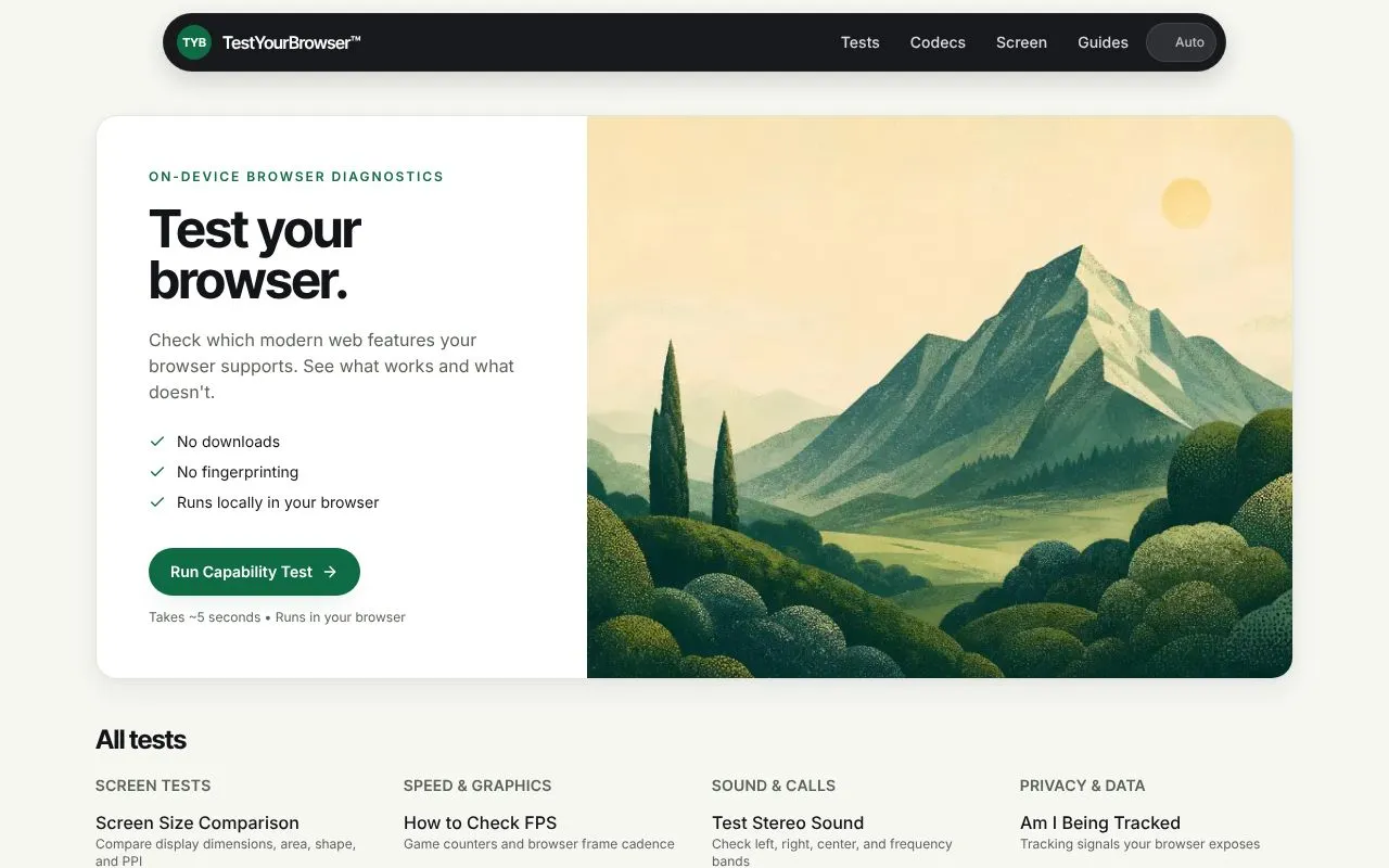 TestYourBrowser homepage screenshot