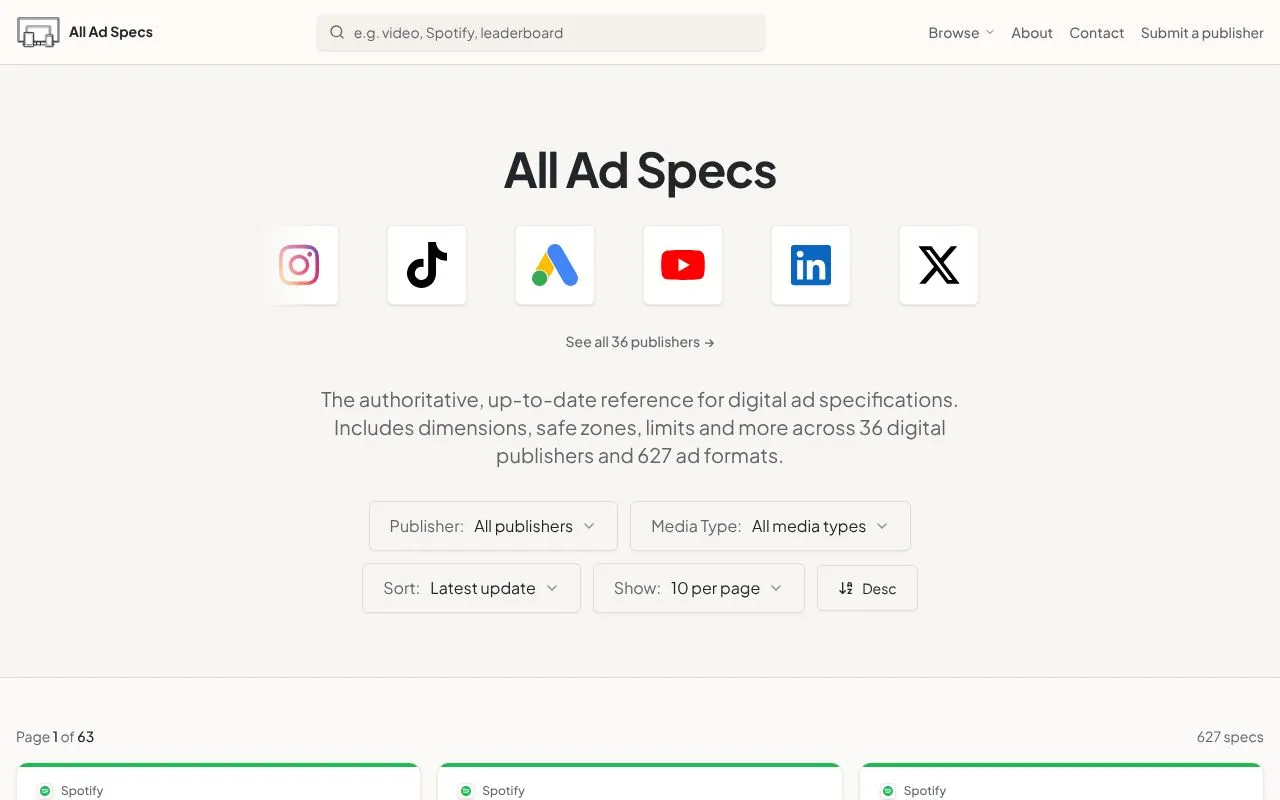 All Ad Specs homepage screenshot