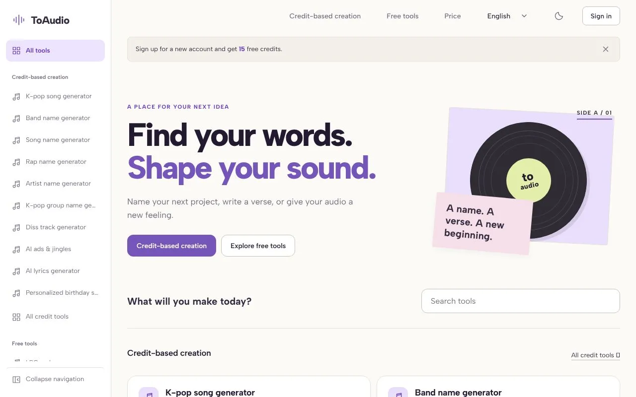ToAudio homepage screenshot