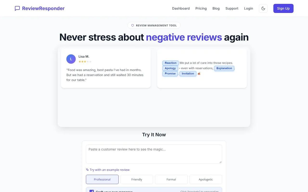 ReviewResponder homepage screenshot