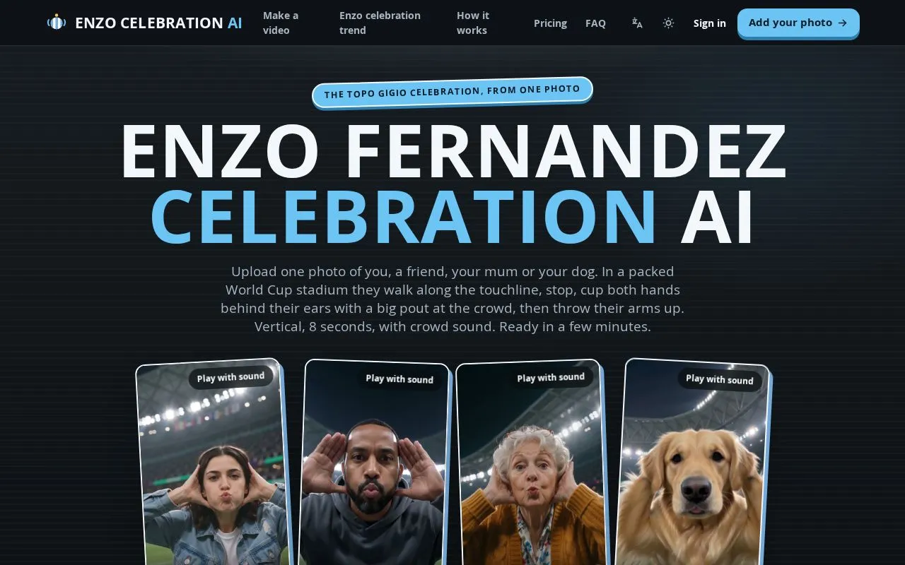Enzo Fernandez Celebration AI homepage screenshot
