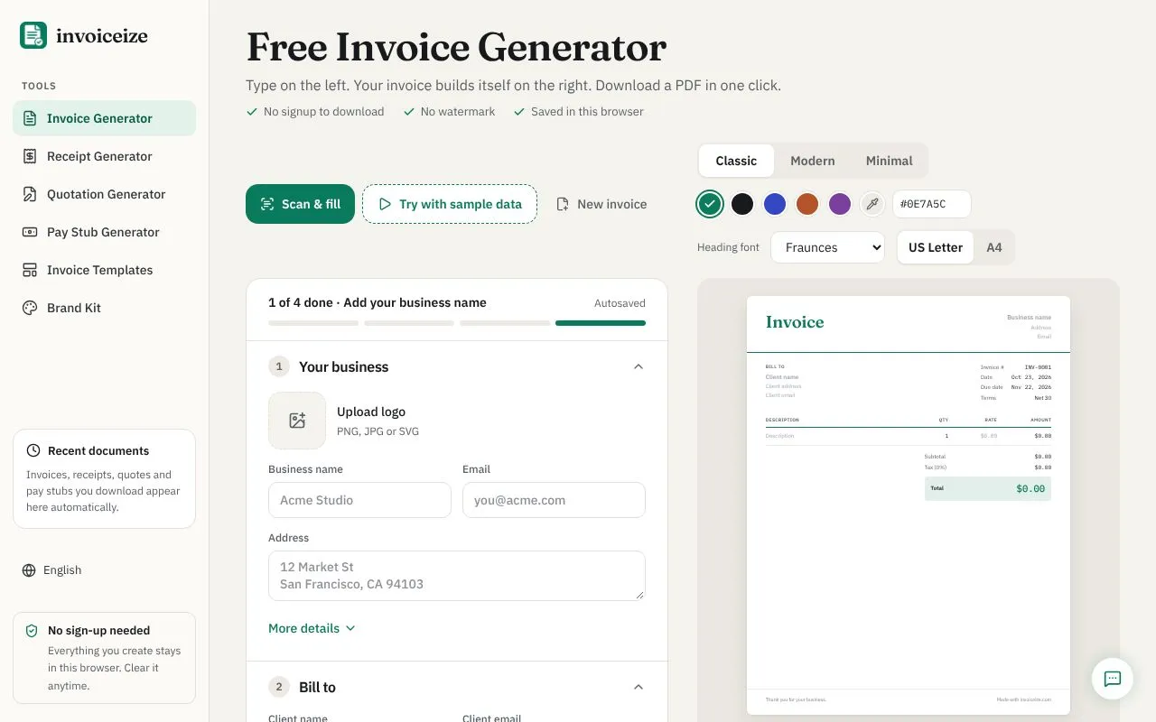 Invoiceize homepage screenshot