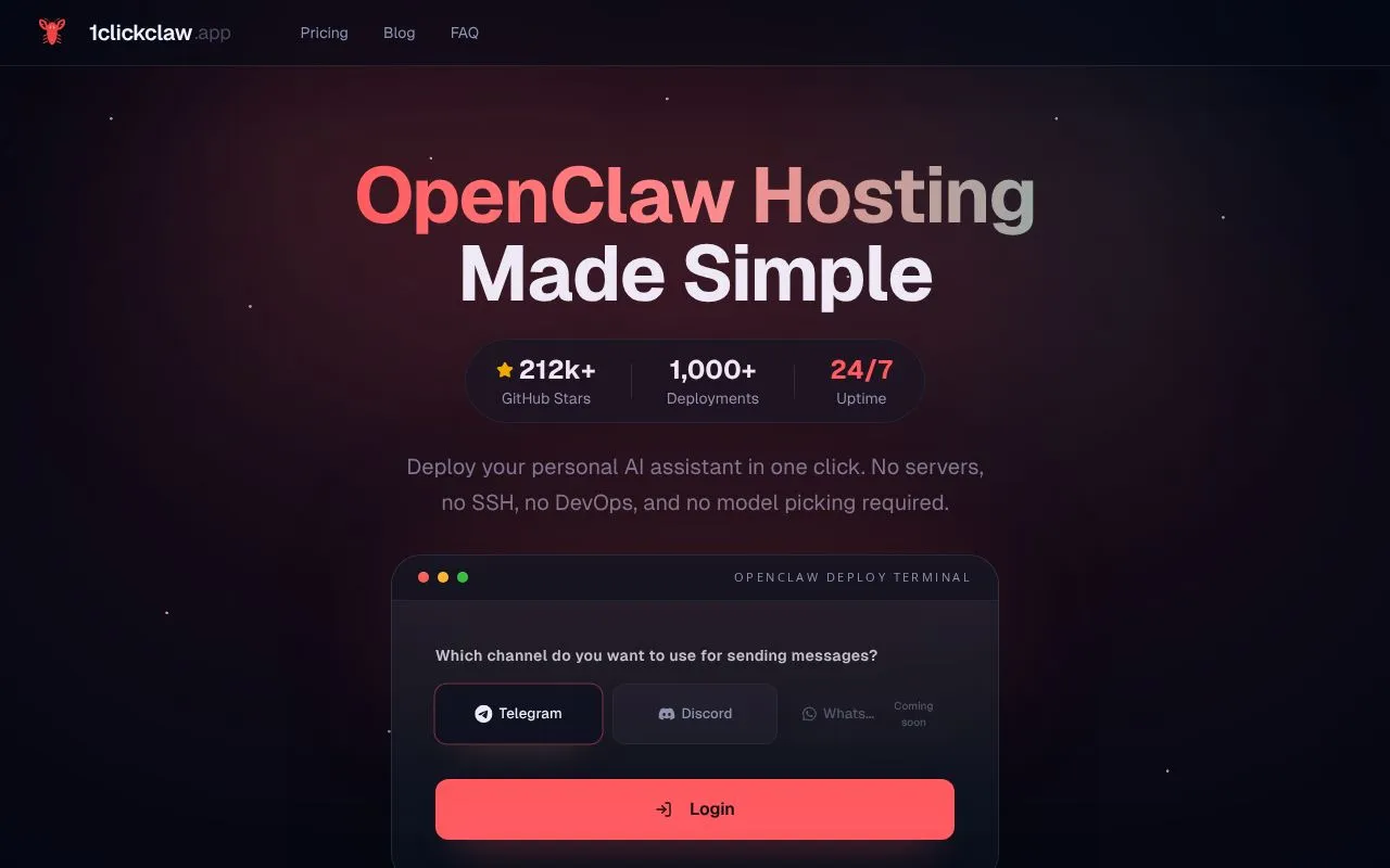1ClickClaw homepage screenshot