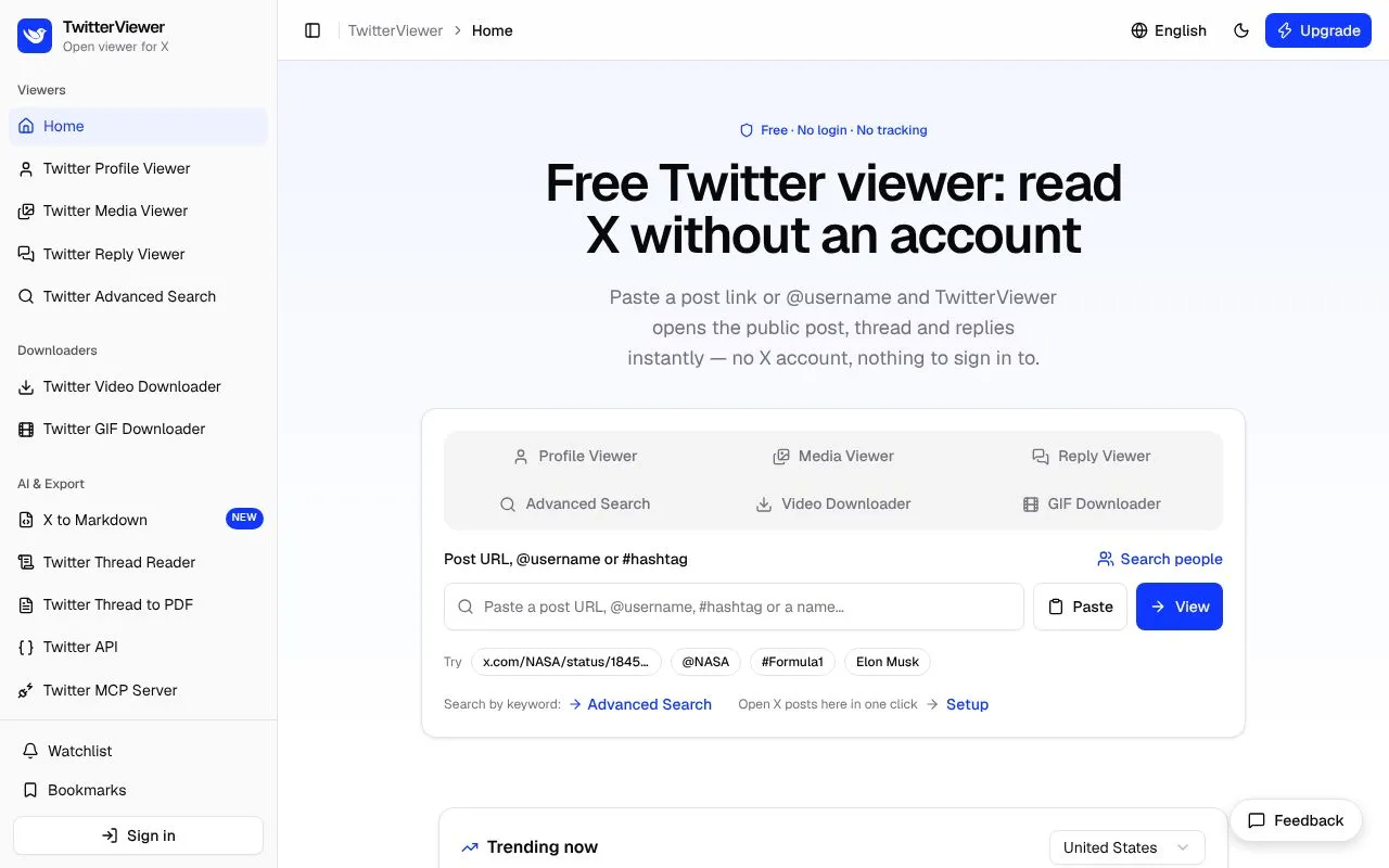 TwitterViewer homepage screenshot