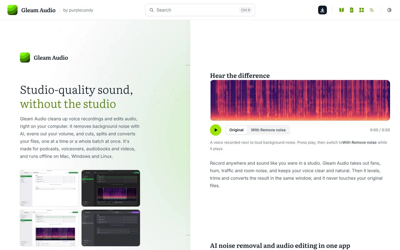 Gleam Audio homepage screenshot
