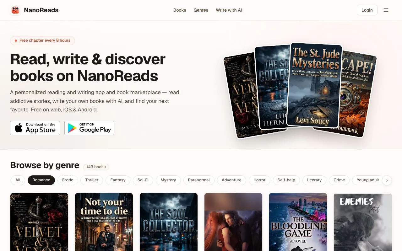 NanoReads homepage screenshot