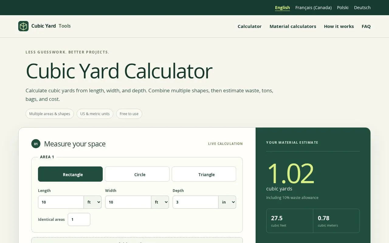 Cubic Yard Calculator homepage screenshot