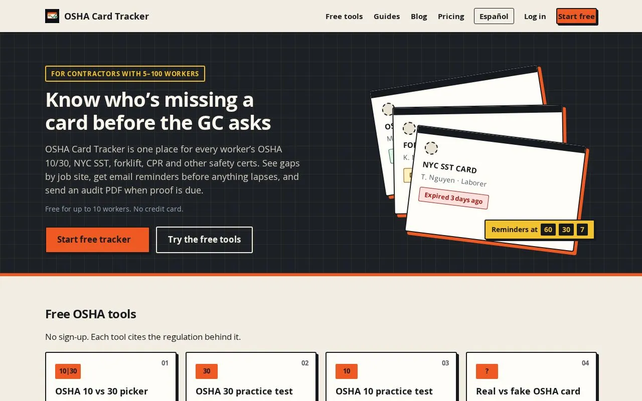 OSHA Card Tracker homepage screenshot