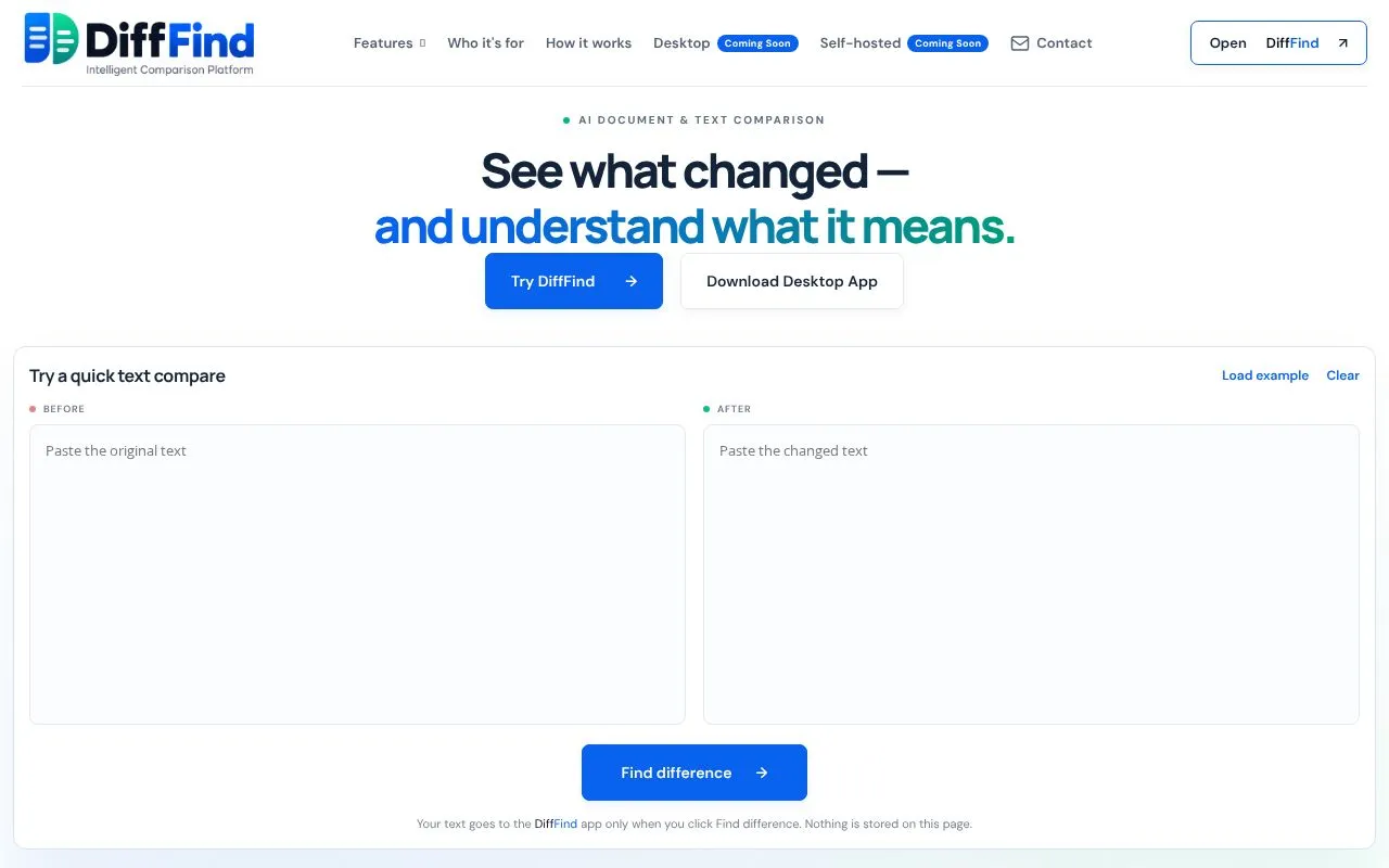 DiffFind homepage screenshot