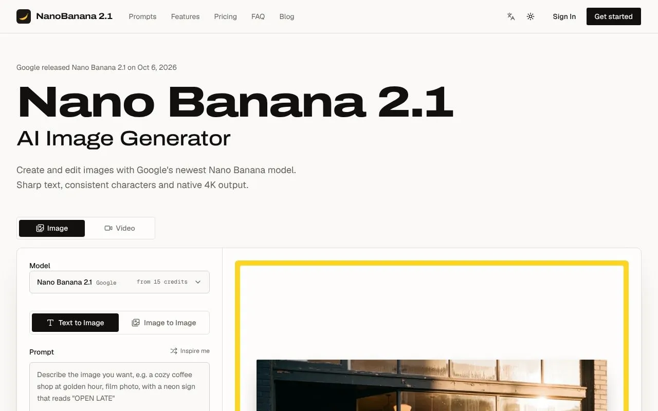 NanoBanana 2.1 homepage screenshot