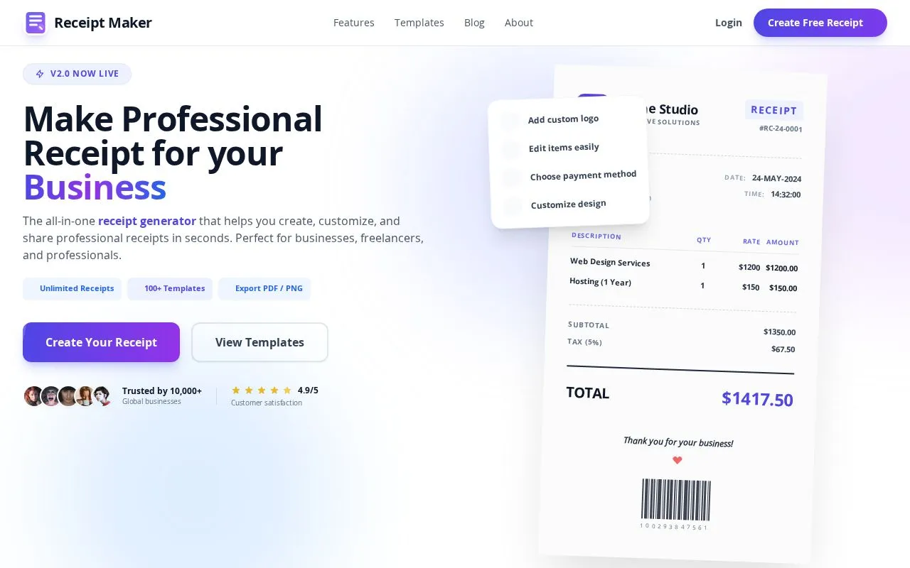 Receipt Maker homepage screenshot