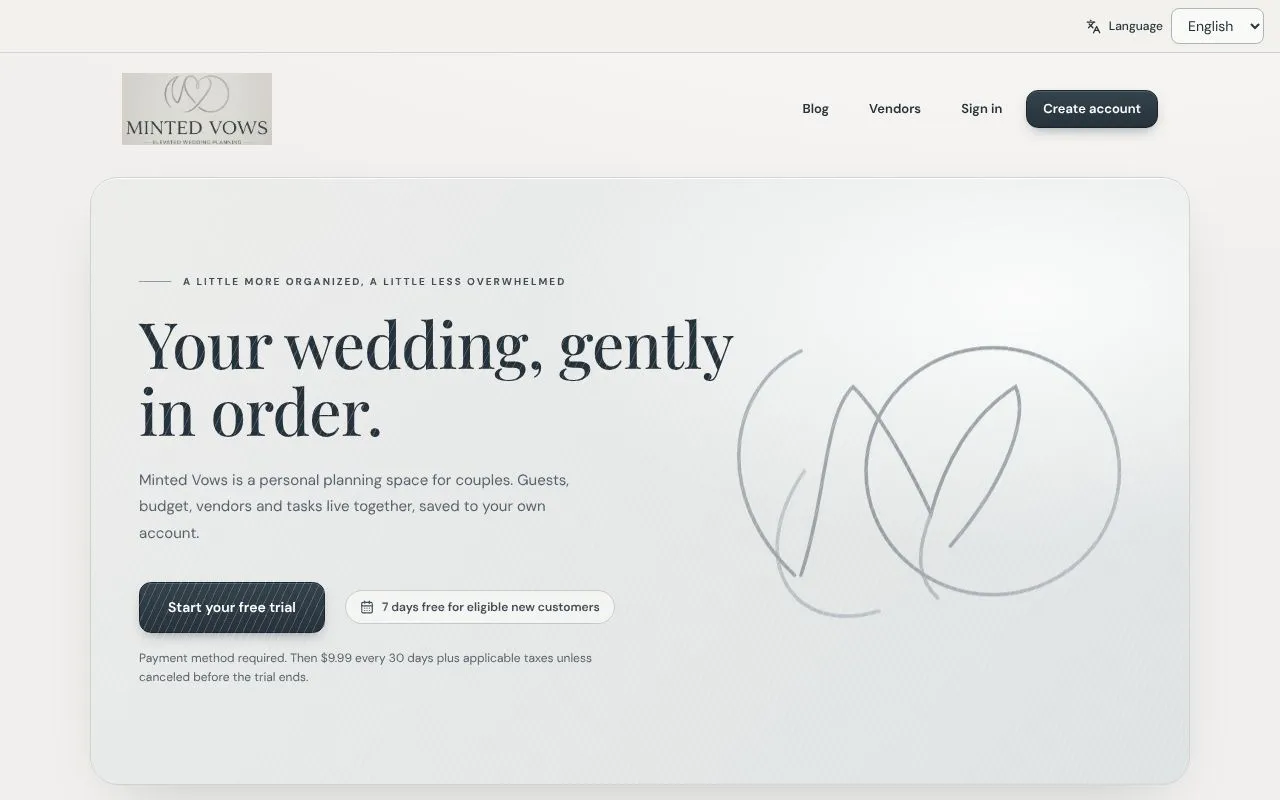 Minted Vows homepage screenshot