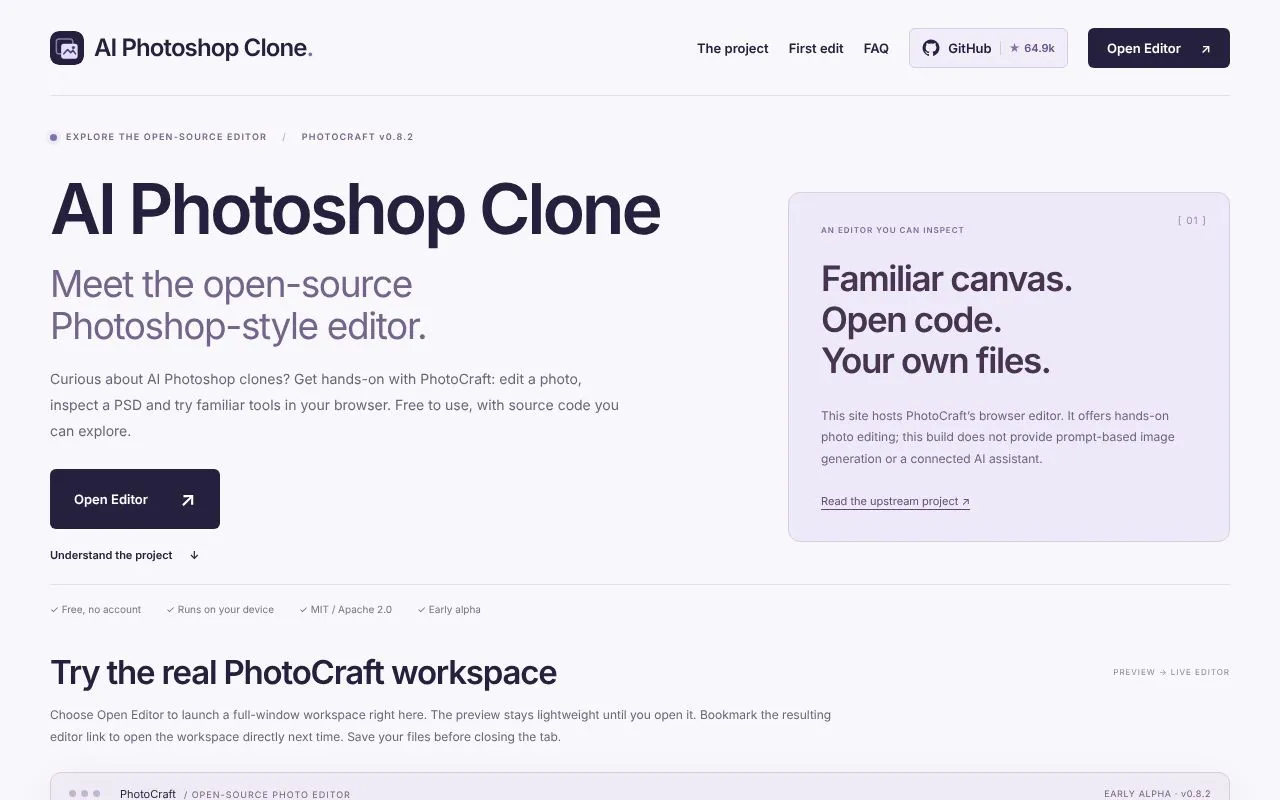 AI Photoshop Clone homepage screenshot
