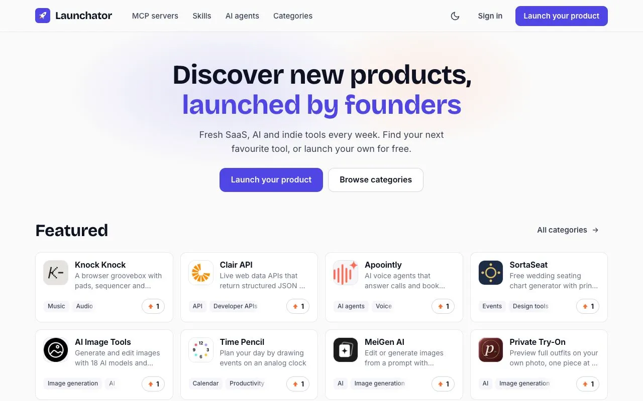 Launchator homepage screenshot