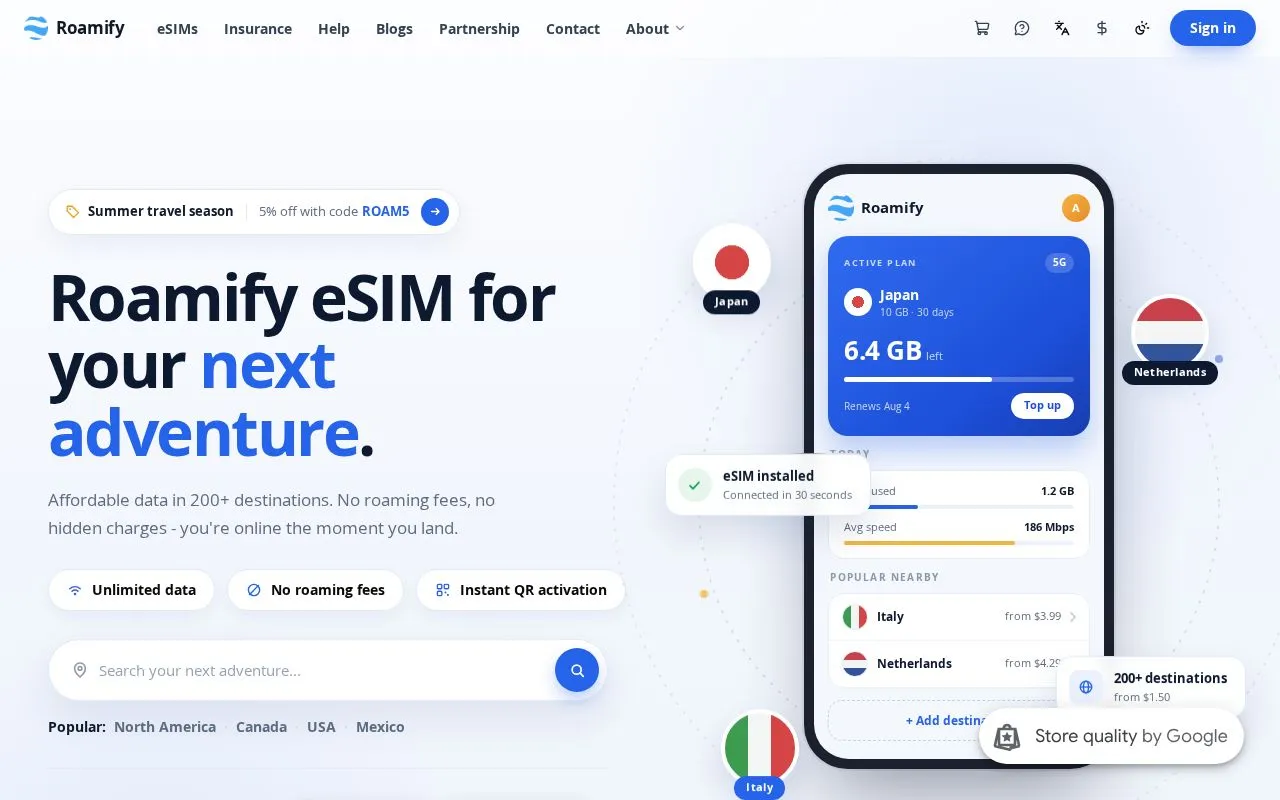 Roamify homepage screenshot