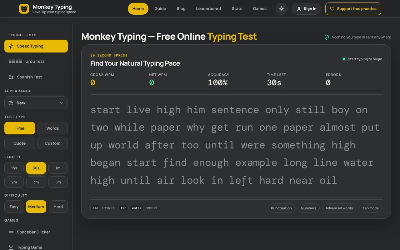 Monkey Typing homepage screenshot
