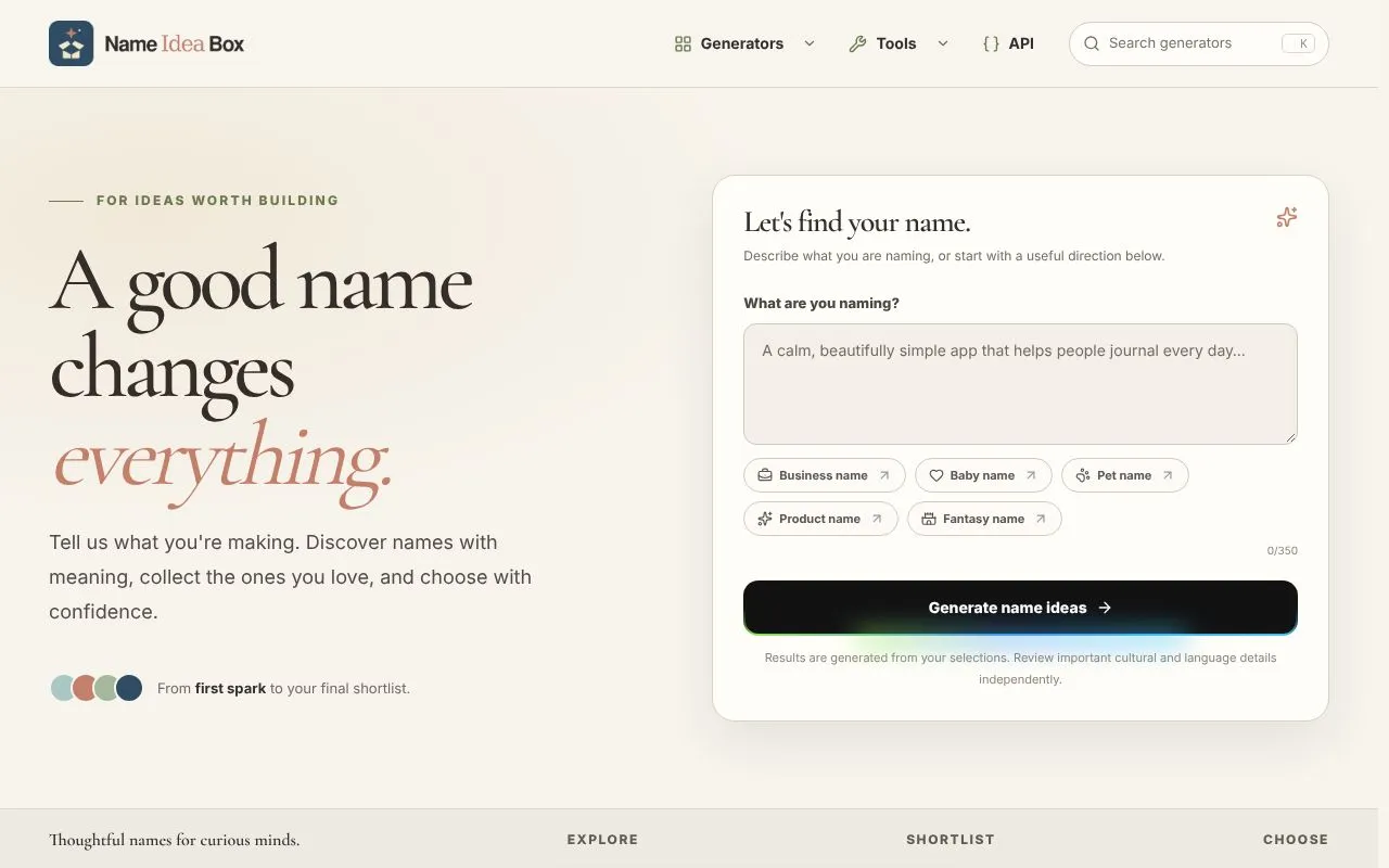 Name Idea Box homepage screenshot