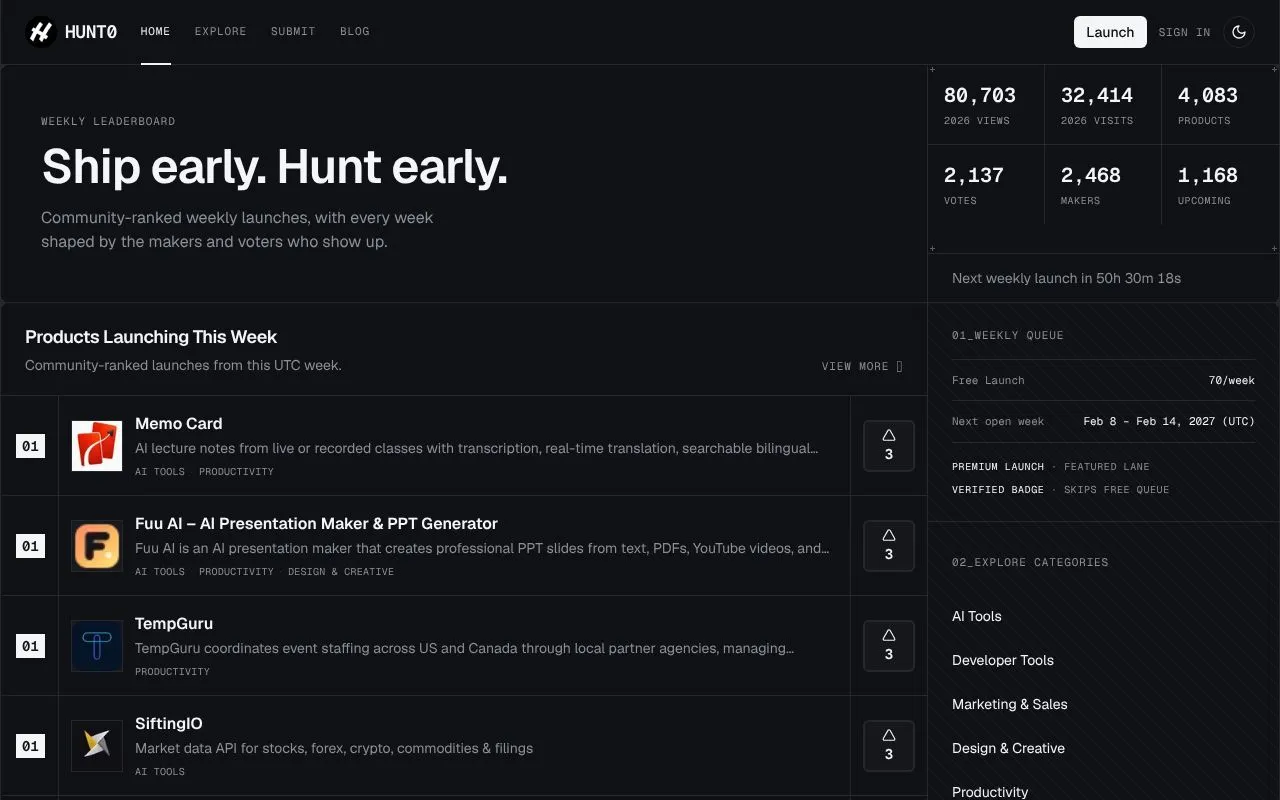HUNT0 homepage screenshot