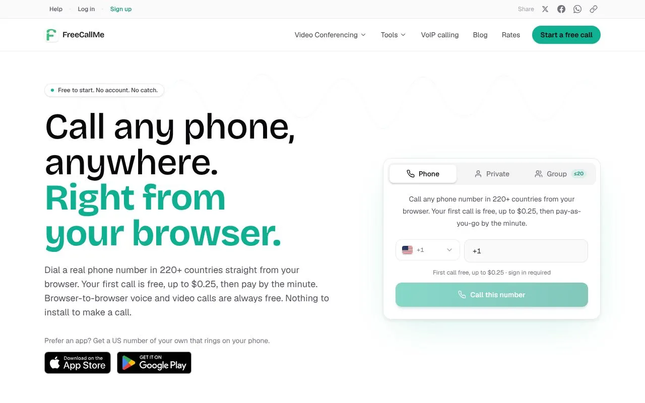 FreeCallMe homepage screenshot