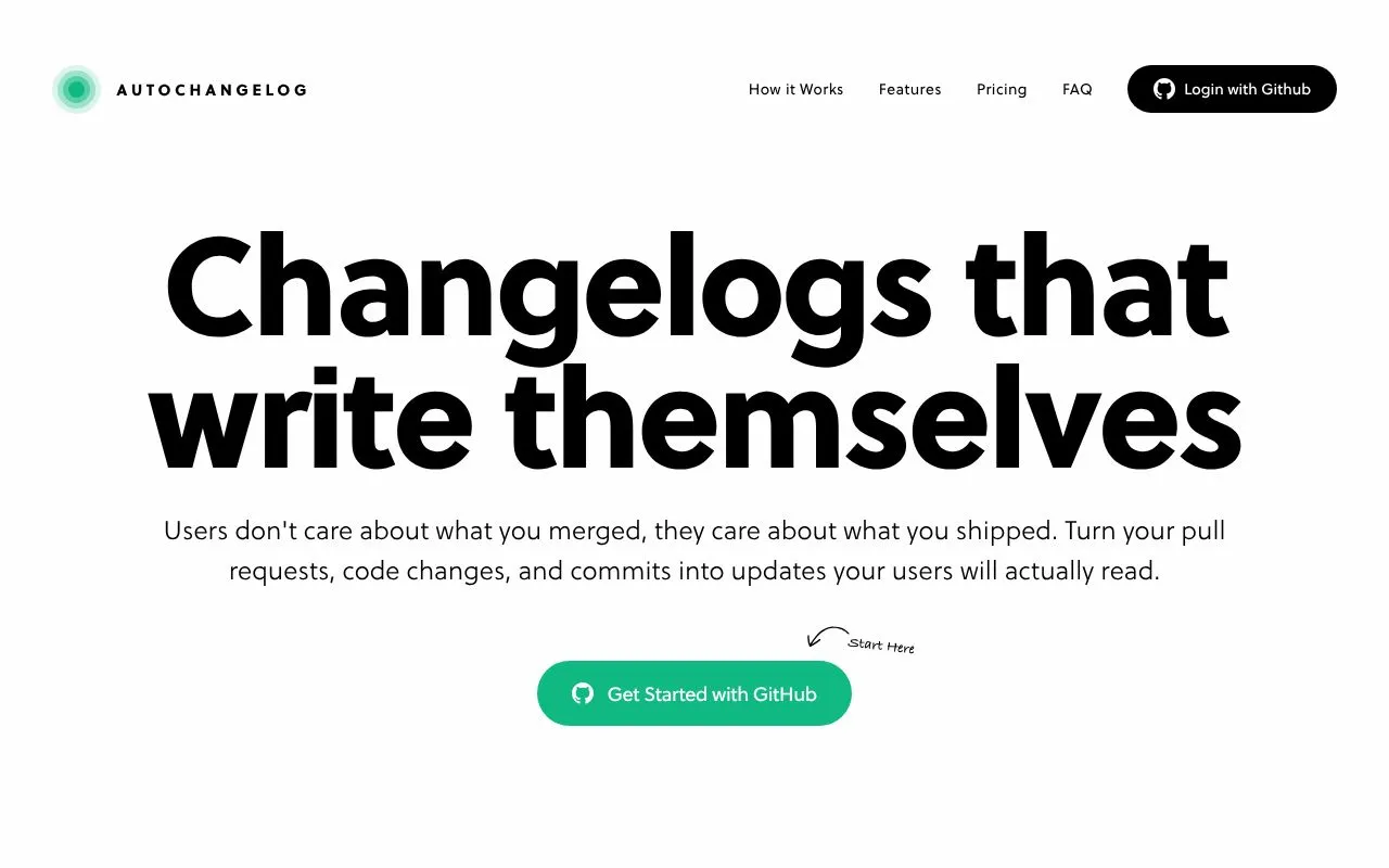 AutoChangelog homepage screenshot