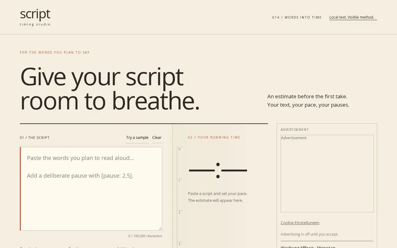 Script Timing Studio homepage screenshot