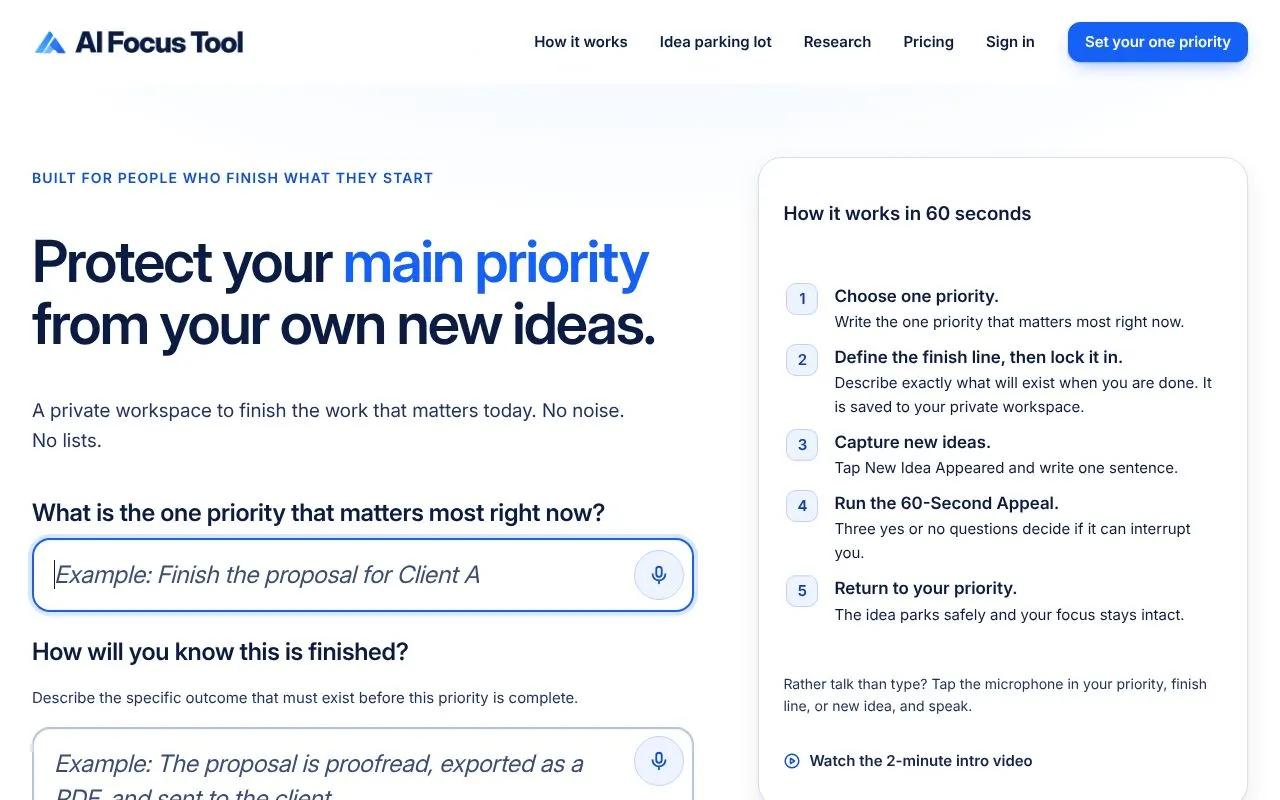 AI Focus Tool homepage screenshot