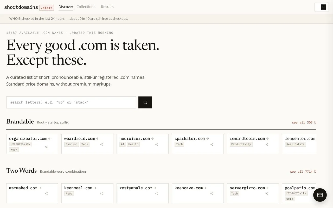 shortdomains.store homepage screenshot