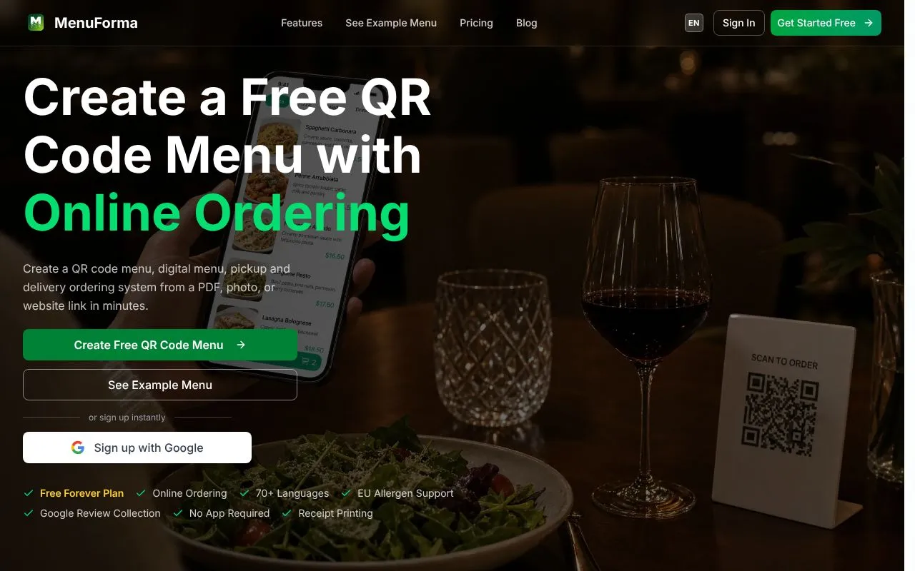 MenuForma homepage screenshot