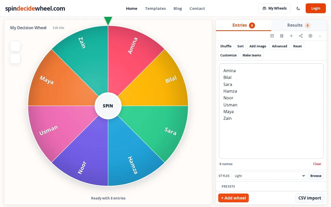 SpinDecideWheel homepage screenshot