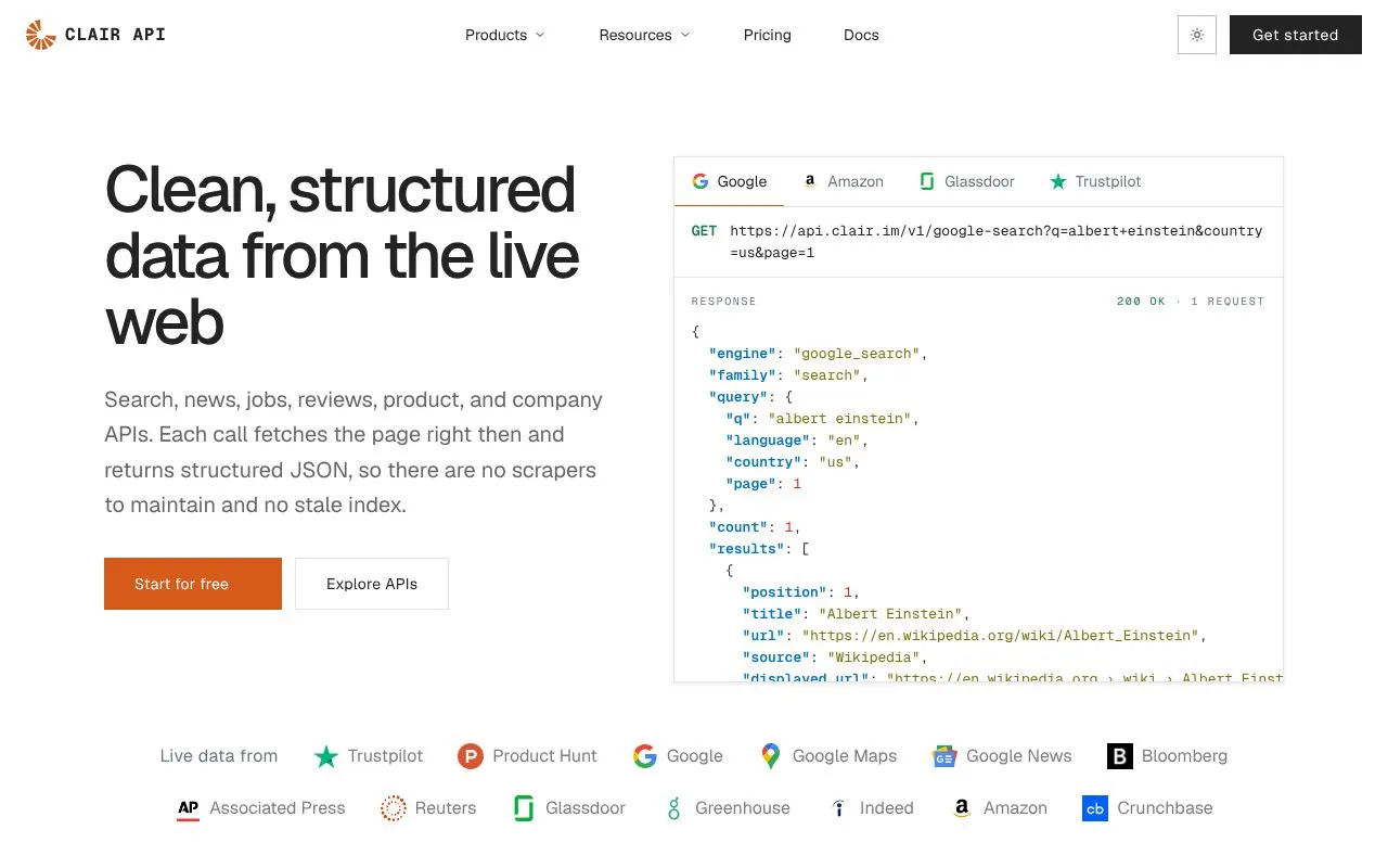 Clair API homepage screenshot