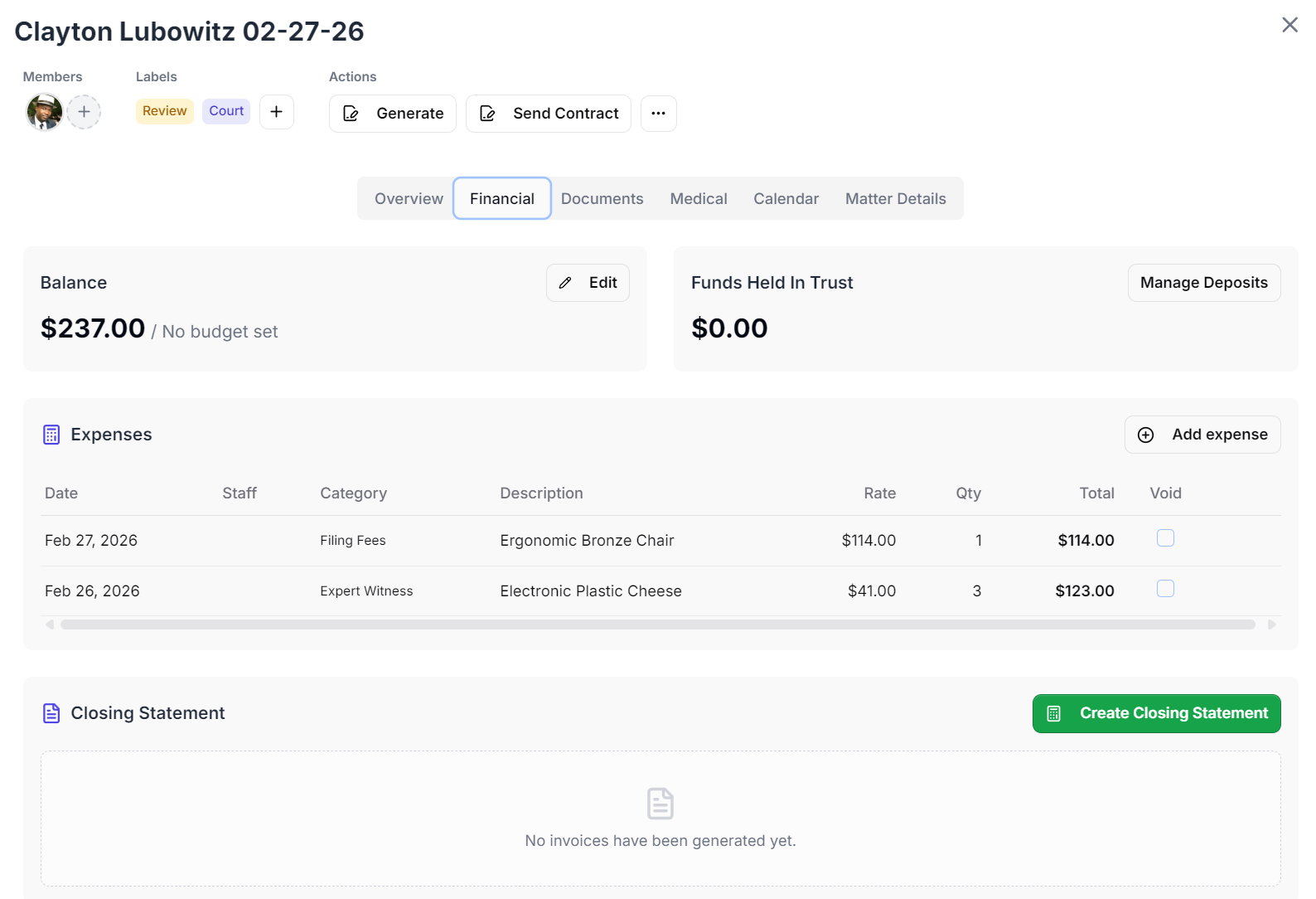 Escrow and closing financial tracking dashboard for law firms