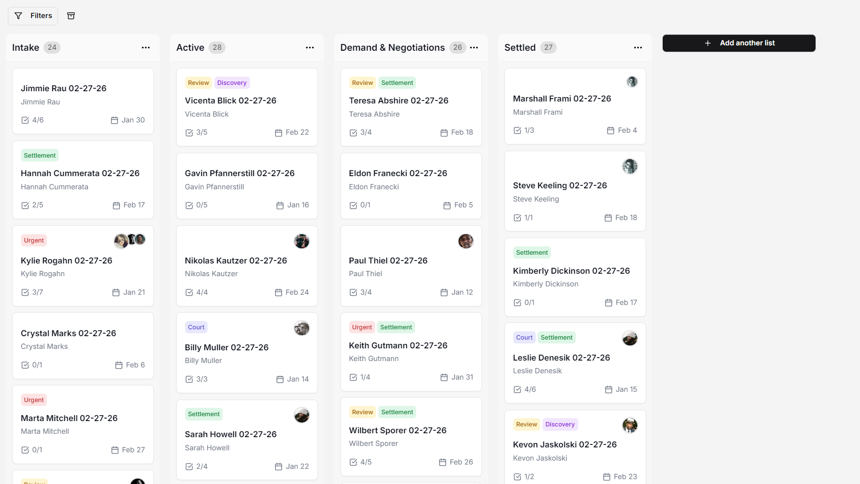 Insurance law case workflow board for law firms