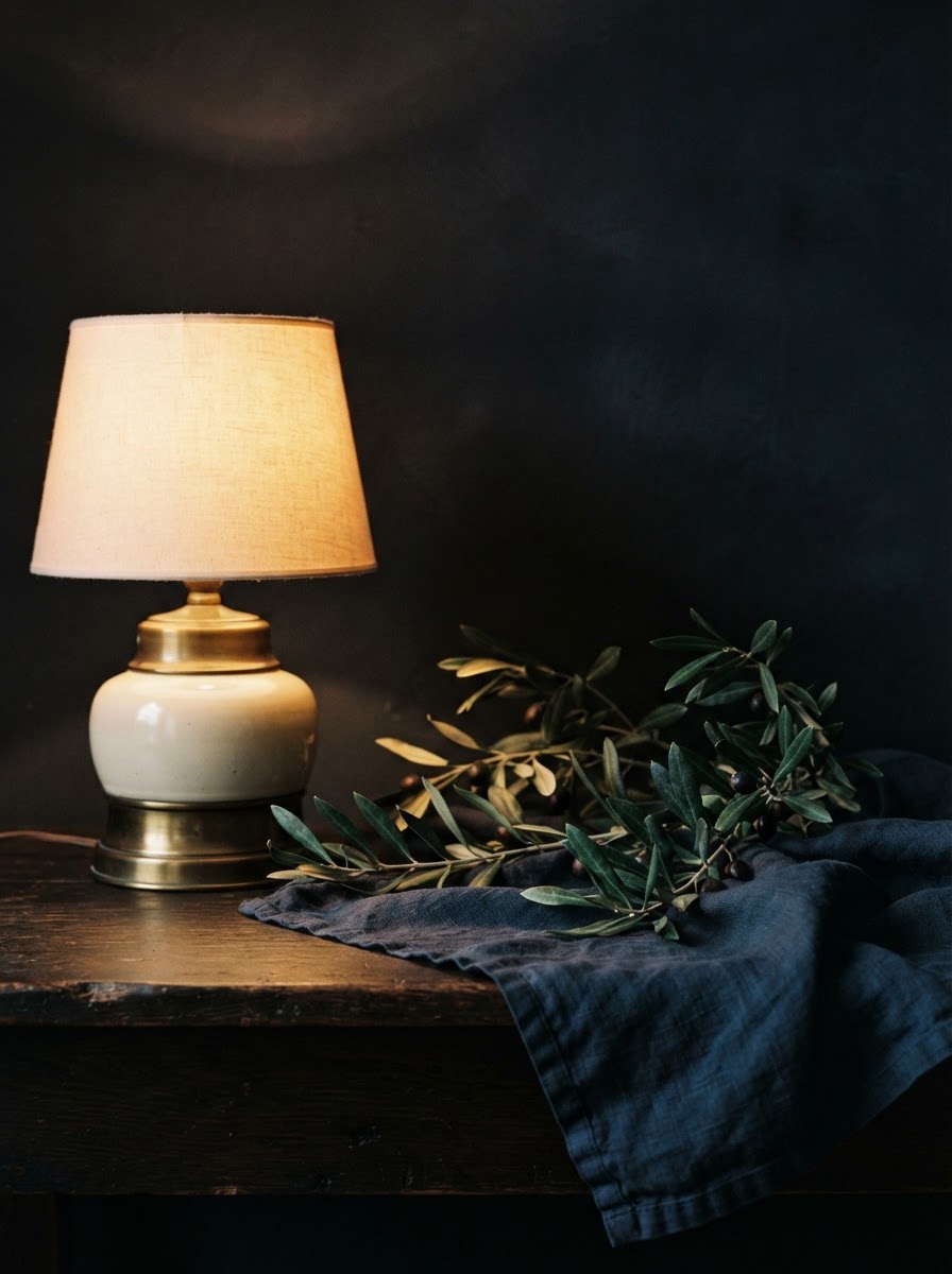 Week 8: a glowing lamp beside olive branches on a wooden table