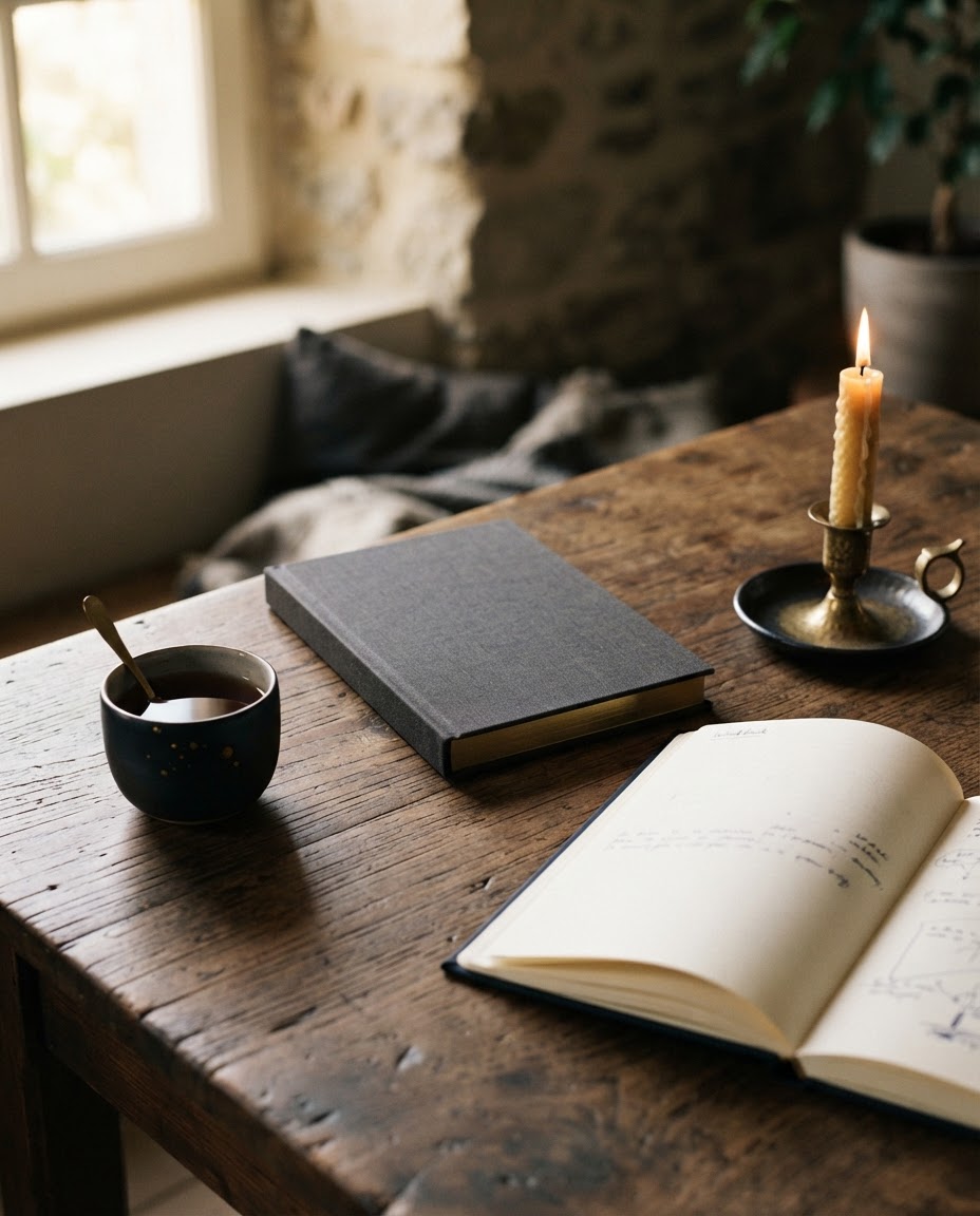 A journal and open book beside a ceramic cup and candle on a wooden table