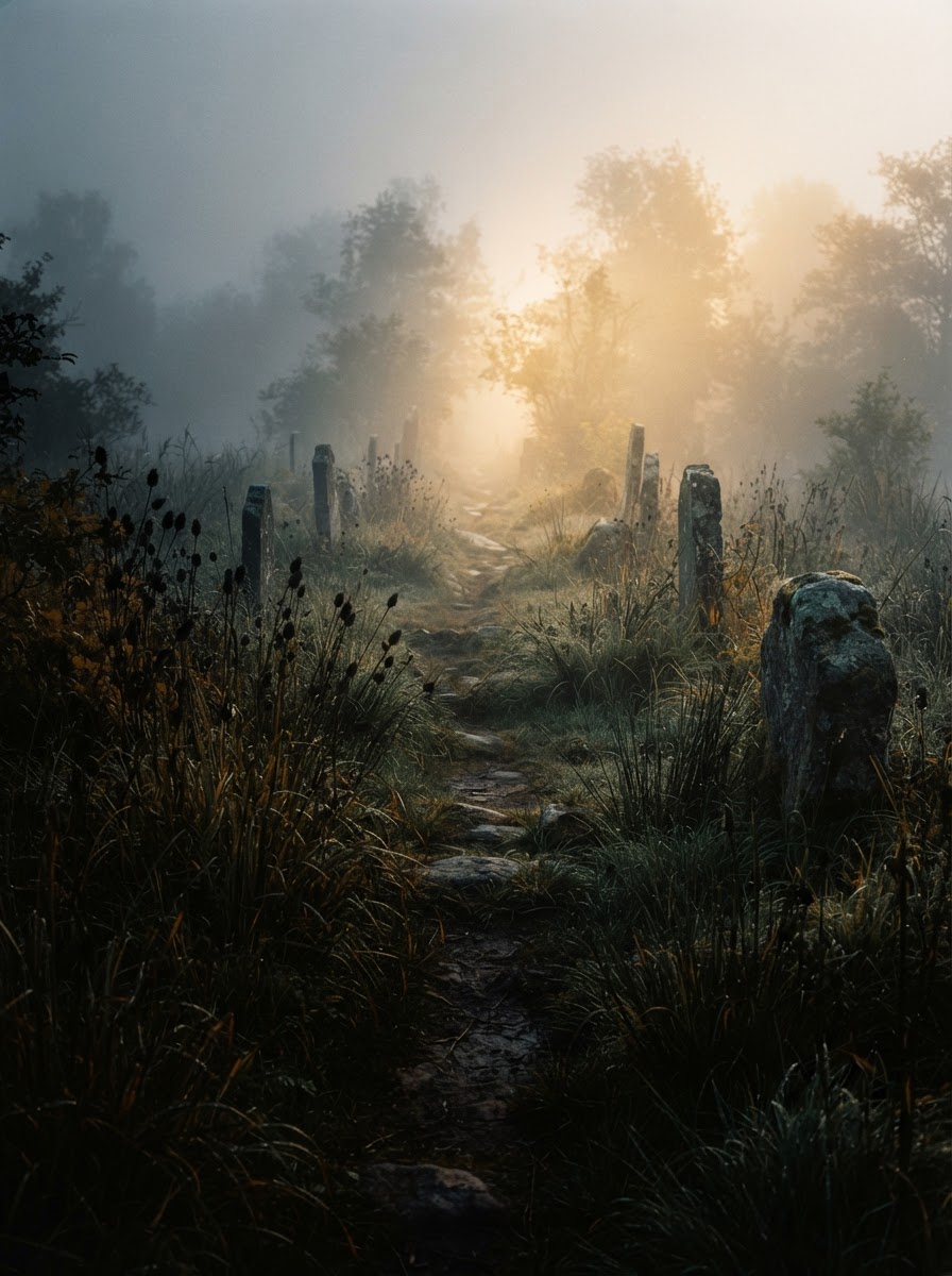 Week 7: a narrow path through morning mist, tall grass and stone markers