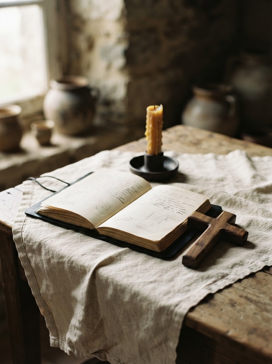 Week 1: an open Bible, small cross and candle on linen