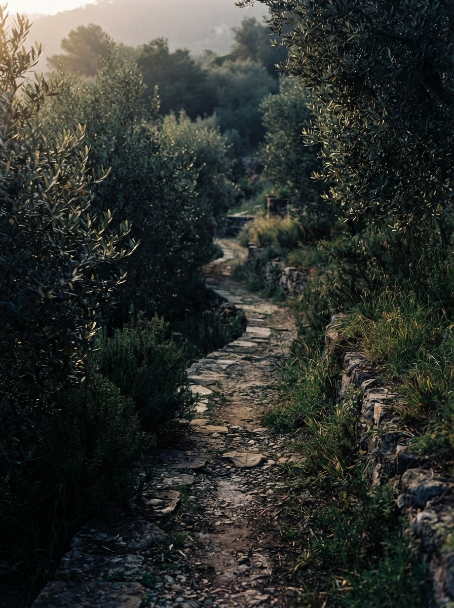 Week 2: a stone garden path lined with olive trees