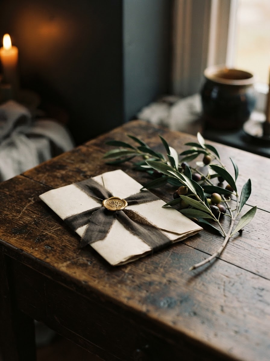Week 4: a sealed letter tied with an olive branch on a wooden table
