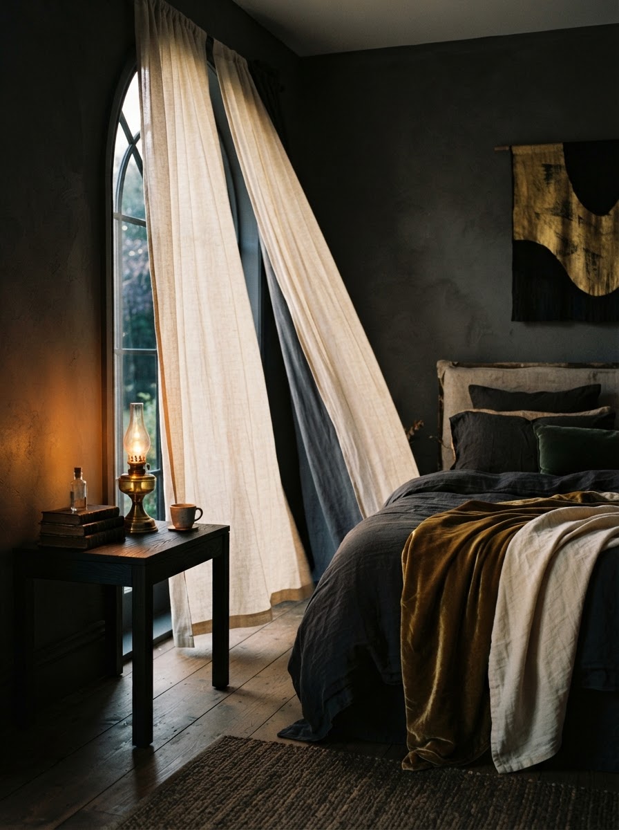 Week 3: a quiet room with linen curtains and a lit oil lamp