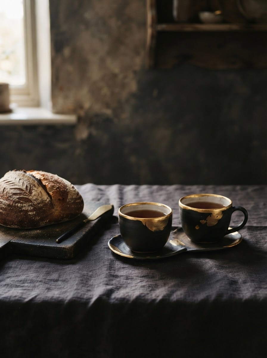 Week 5: bread and two cups of tea on a dark linen table