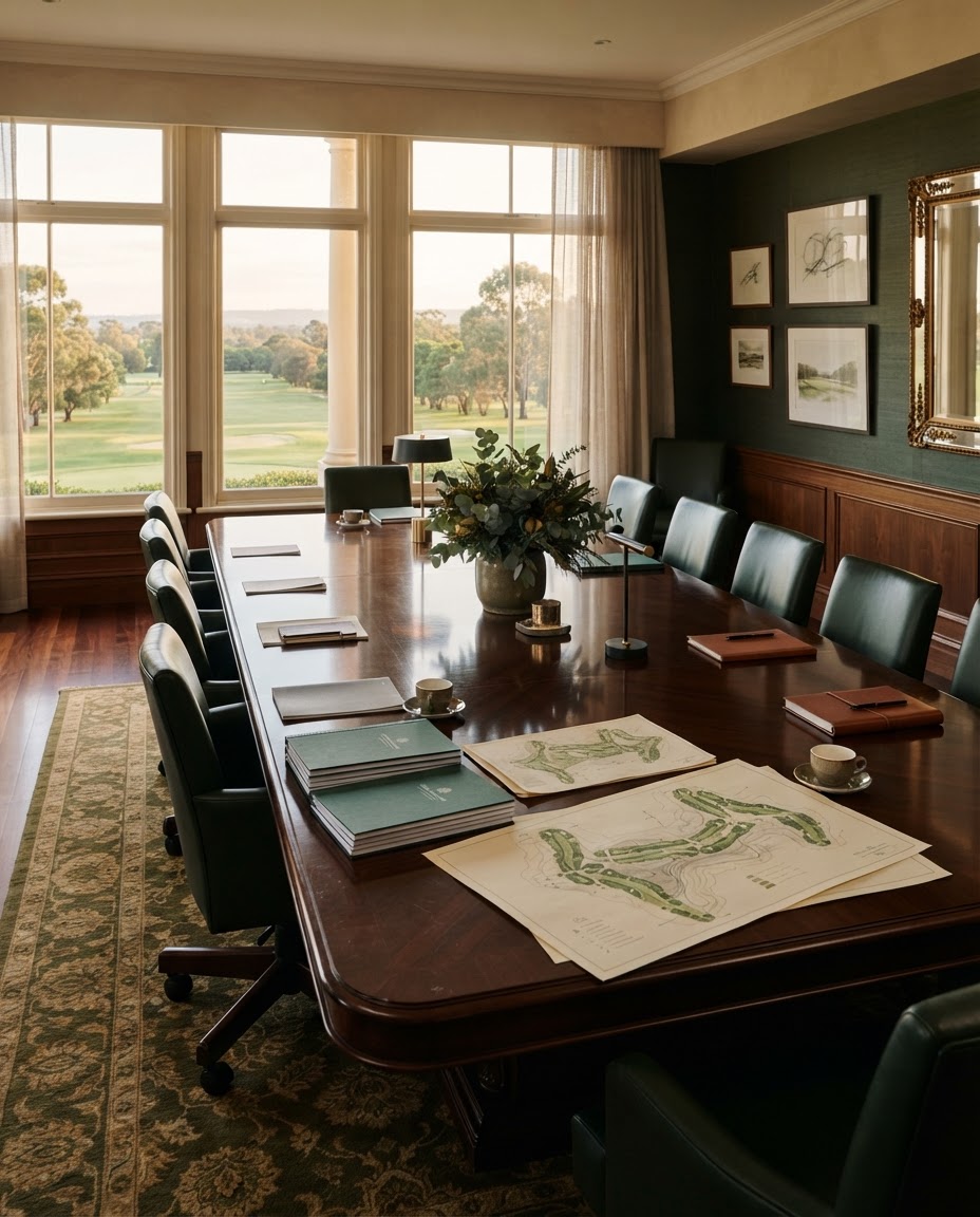 Polished corporate aesthetic with deep green and rich gold tones. A refined clubhouse boardroom with polished timber table, neatly arranged financial papers, course masterplan sketches, and soft afternoon light filtering through tall windows, in deep golf green, warm cream, and muted gold tones. Editorial interior photography with calm, grounded composition. No text or letters in the image. No logos, brand marks, or wordmarks in the image.
