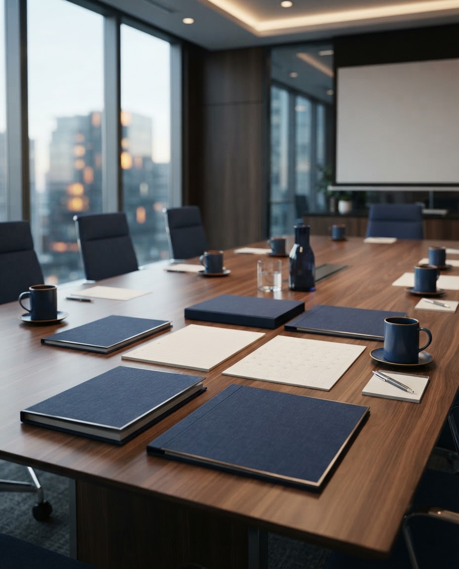 Contemporary and sleek aesthetic with deep blue and warm amber tones. A polished boardroom meeting setup with a clean paper agenda, calendar page, and navy presentation folders arranged on a modern conference table, cool daylight with warm amber highlights, disciplined editorial composition in deep blue, slate, and soft white tones. No text or letters in the image. No logos, brand marks, or wordmarks in the image.