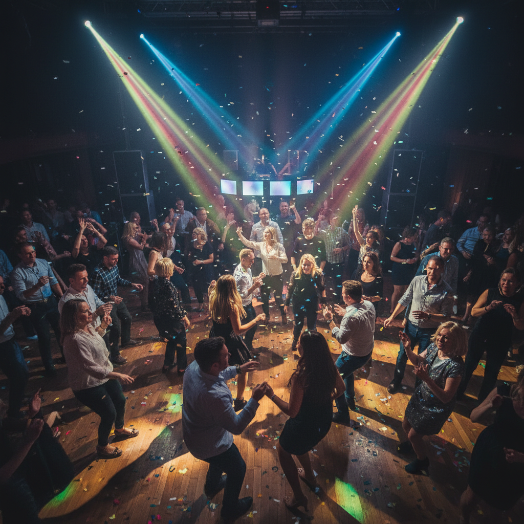Crowd dancing on a packed dance floor with colorful lights