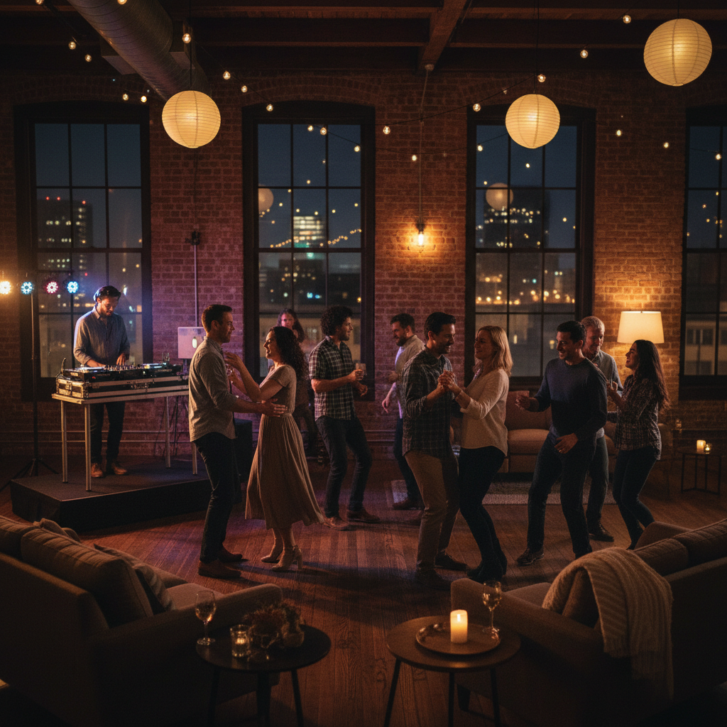 Intimate private party with guests dancing and DJ setup