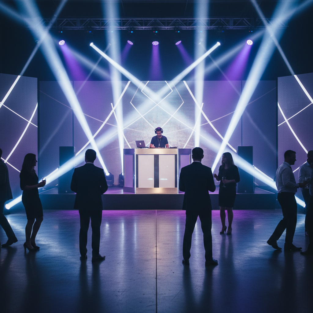 Corporate event with stage lighting and DJ providing music